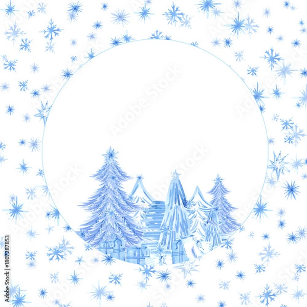 Obraz Hand drawn watercolor blue snowflakes and Christmas trees frame border. Illustration isolated on white background. Can be used for postcard, invitation and other printed products.