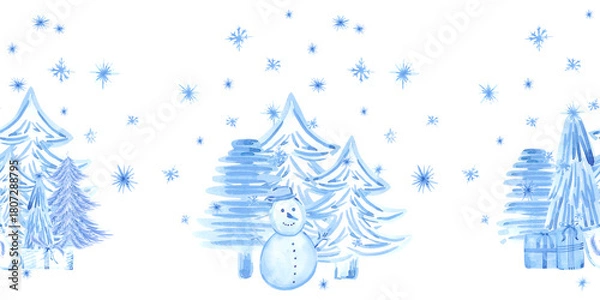Fototapeta Hand drawn watercolor blue winter snowy forest and snowman seamless frame border. Illustration isolated on white background. Can be used for postcard textile label and other printed products.