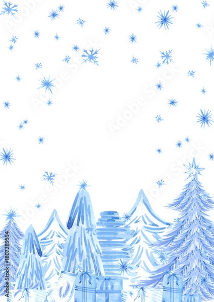 Obraz Hand drawn watercolor blue monochrome winter forest and presents postcard frame border. Illustration isolated on white background. Can be used for postcard, invitation and other printed products.