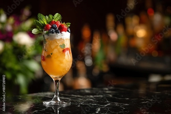 Obraz Orange cocktail with berries and mint in a glass on a dark marble surface drink beverage