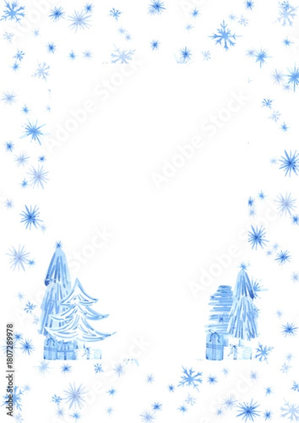 Fototapeta Hand drawn watercolor blue snowflakes and winter forest postcard frame border. Illustration isolated on white background. Can be used for postcard, poster and other printed products.