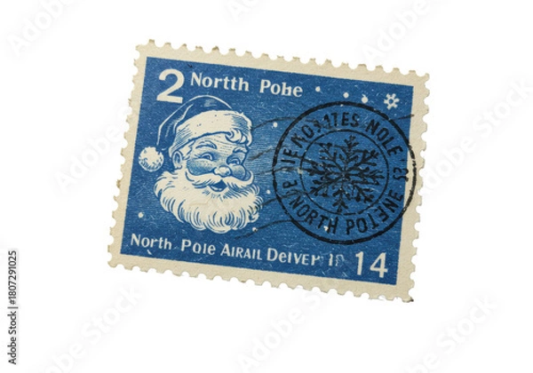 Fototapeta distressed, indigo vintage postal stamp with a stylized smiling santa claus portrait and black snowflake postmark, extreme macro close-up showcasing aged texture, concept of holiday nostalgia and