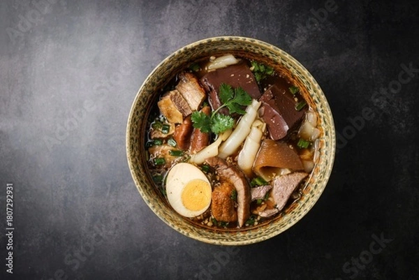 Fototapeta Chinese rolled noodles with crispy pork and egg in black soup,Rolled Rice Noodles in Five-spices Broth , Chinese noodles, thai called kuay jap