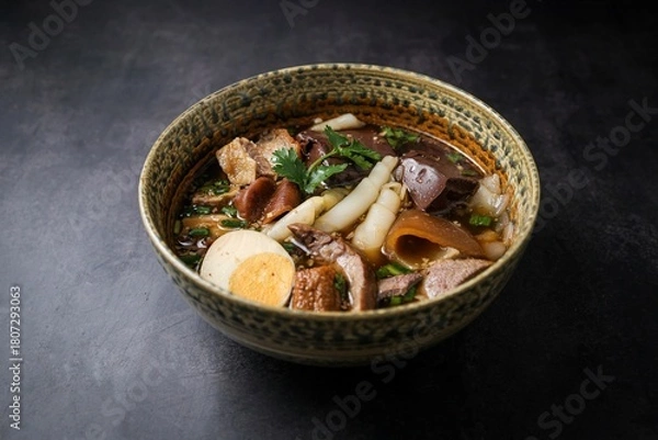 Obraz Chinese rolled noodles with crispy pork and egg in black soup,Rolled Rice Noodles in Five-spices Broth , Chinese noodles, thai called kuay jap