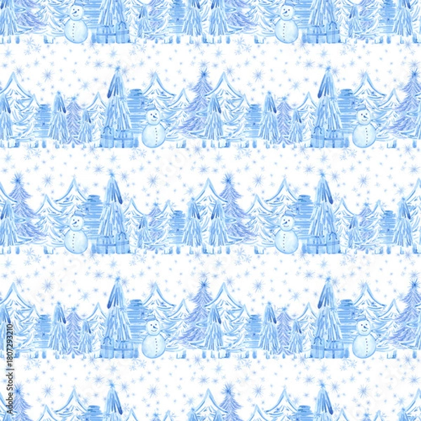 Fototapeta Hand drawn watercolor blue Christmas trees presents snowman and snowflakes seamless pattern. Illustration isolated on white background. Can be used for textile wrapping fabric other printed products.