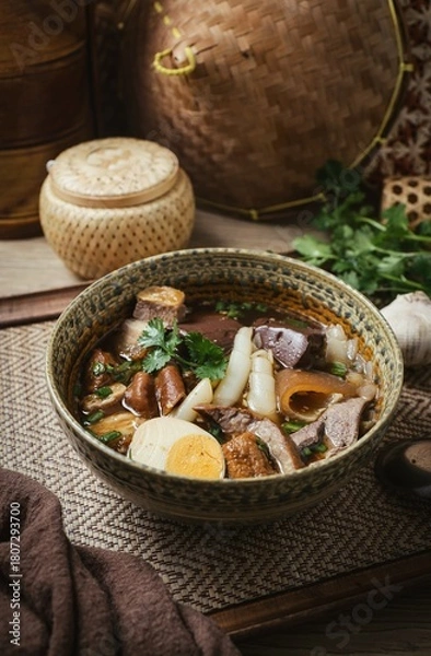 Obraz Chinese rolled noodles with crispy pork and egg in black soup,Rolled Rice Noodles in Five-spices Broth , Chinese noodles, thai called kuay jap