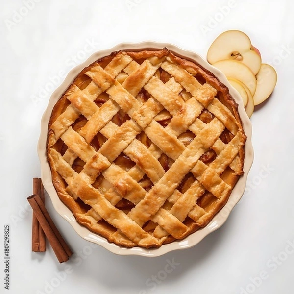 Fototapeta Overhead view of a lattice crust apple pie in a ceramic dish with cinnamon sticks and apple slices nearby