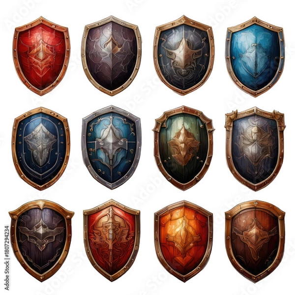 Obraz Array of ornate medieval shields with diverse colors