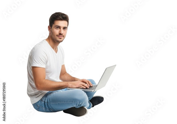 Obraz Young man sitting cross legged on the floor working on a laptop computer with a focused expression