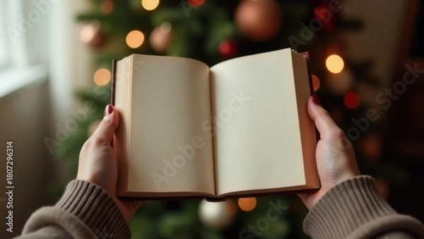 Obraz Festive book mockup, Female hands holding of open book, blurred Christmas background with decorated tree, warm colors, cozy atmosphere, modern style, empty space for text or New year congratulations