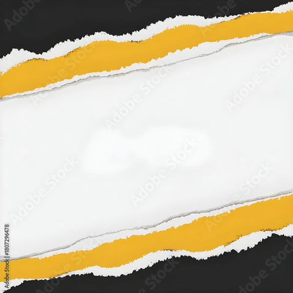 Fototapeta White card with torn yellow black stripes on edges minimalistic modern design with copy space for text