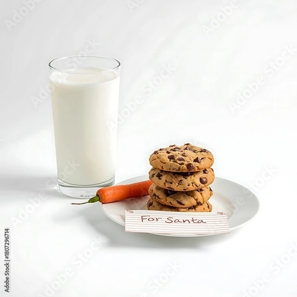 Fototapeta A glass of milk with cookies and a carrot for santa on a white background in a studio shot