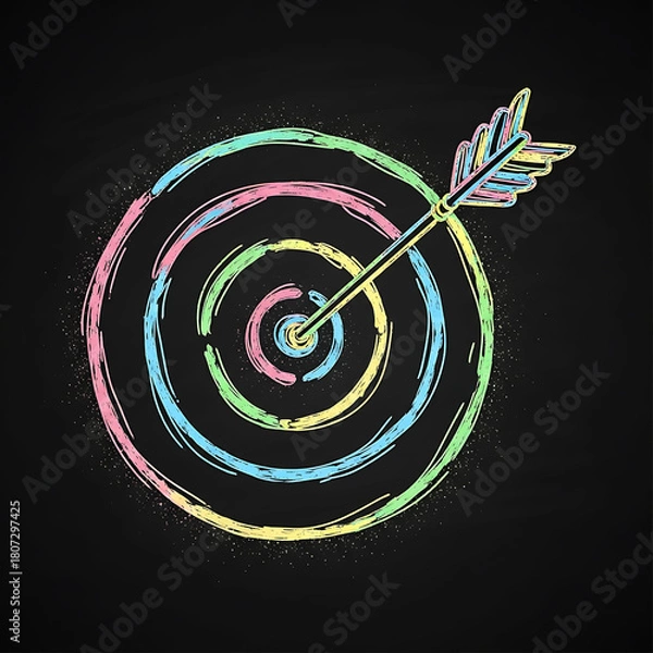 Fototapeta Vibrant Vector Sketch of a Bullseye Symbolizing Strategy and Achievement, Vintage Chalkboard Graphic: Mission, Accuracy, and Business Objective Concept, goals, targets, success, strategy, marketing.