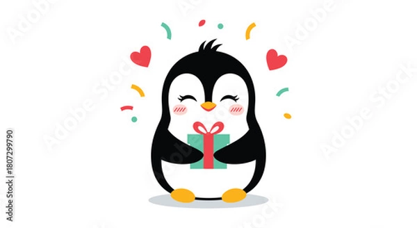 Fototapeta An adorable penguin with blushing cheeks happily holds a gift box surrounded by colorful confetti and floating red hearts.