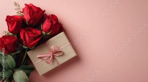 Fototapeta Romantic Gift Box With Red Roses On Soft Pink Background, Pink Ribbon, And Elegant Celebration Scene