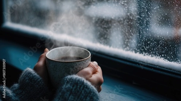 Fototapeta Hands holding warm cup of hot drink by frosty winter window with snow and steam rising in cozy scene