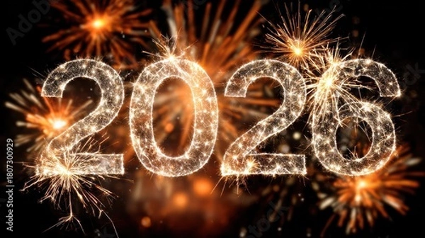 Fototapeta Sparkling 2026 New Year Celebration With Fireworks And Sparkling Numbers Over A Night Sky