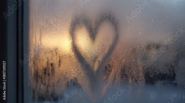 Fototapeta Heart shape drawn on a foggy window glowing in warm sunset light