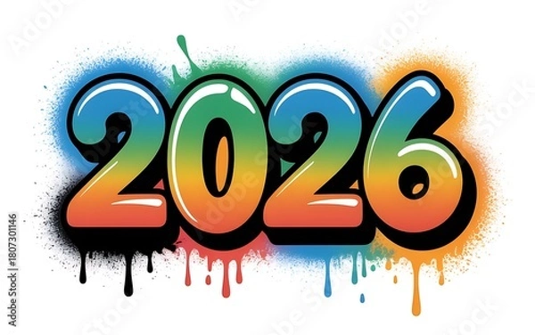 Fototapeta Vibrant Graffiti Style Illustration of 2026 Celebration Year With Spray Paint Effect and Bold Colors on White Background