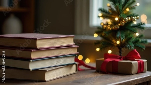 Obraz Christmas scene with antique book gift stack on rustic table, blurred background of decorated tree and candles, cozy empty composition with warm festive lighting