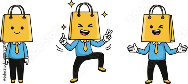 Fototapeta A set of three cartoon illustrations featuring a character in business attire with a yellow shopping bag replacing their head, showing different happy and expressive poses.