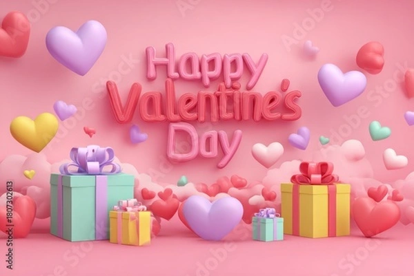 Fototapeta Valentine's Day Celebration Scene With Gift Boxes, Floating Hearts, Soft Pink Background, Romantic Mood, Colorful Presents, and Dreamy Elements, Ideal for Love, Gift, and Holiday Stock Photography