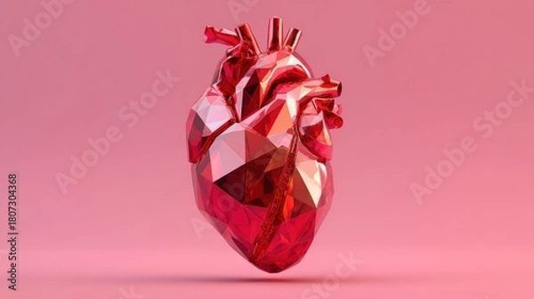 Obraz Red Geometric Heart Sculpture in Pink Studio Backdrop: Modern Abstract 3D Art for Love, Health, and Wellness Campaigns