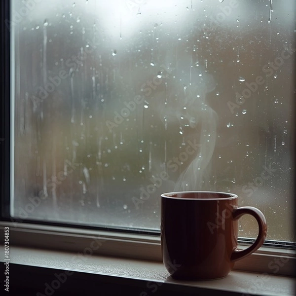 Obraz A warm and cozy rainy window view with a steaming cup of coffee.