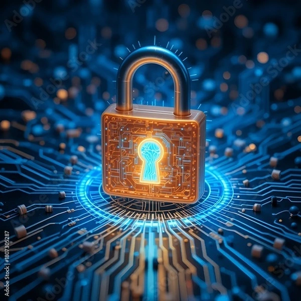 Obraz Encrypted digital padlock icon over circuit board in glowing blue lighting.