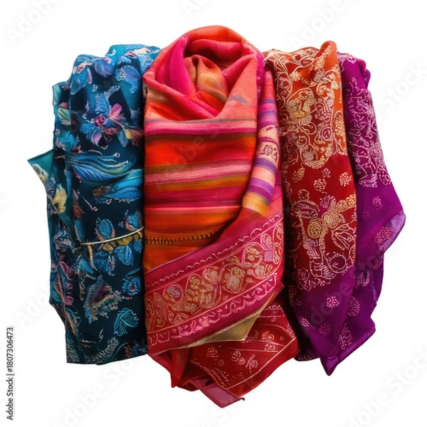 Obraz Stacked, colorful textile scarves, floral & patterned