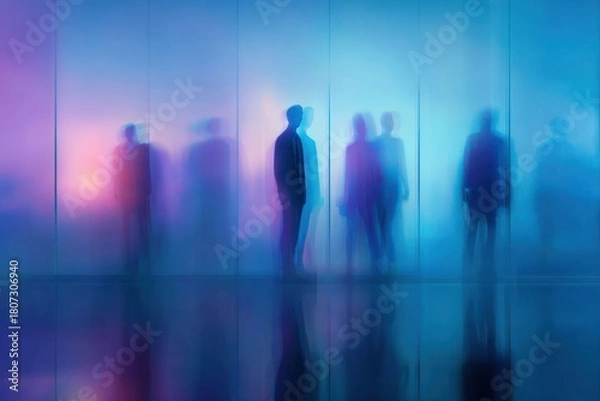 Fototapeta People in a Colorful Glass Corridor: Blurred Silhouettes and Reflections Create a Modern, Abstract Business Scene of Motion, Ambition, and Connectedness