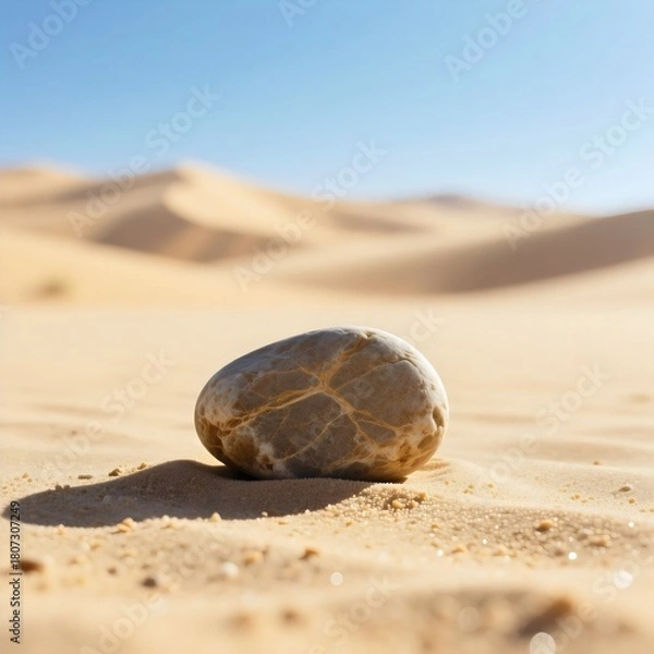 Obraz Weathered Smooth Stone Resting on Sand Dunes in Sunny Desert Landscape Nature Background