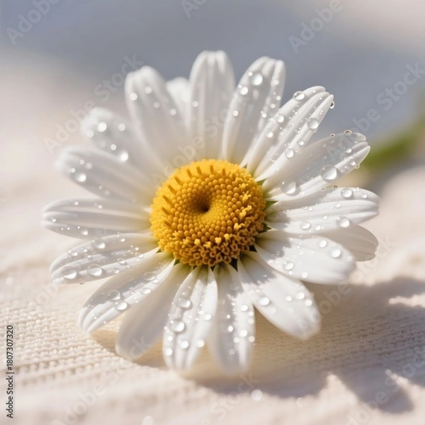 Obraz Macro Photography of White Daisy Flower with Morning Dew Drops on Petals Spring Nature