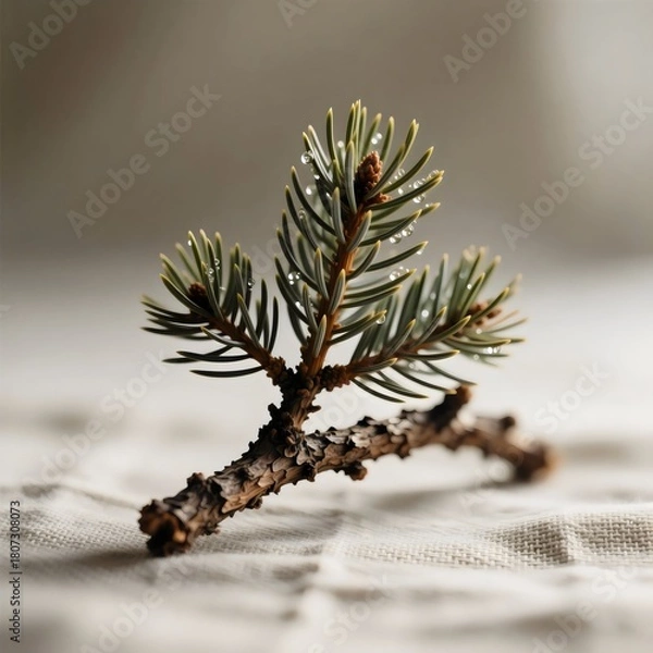 Obraz Fresh Green Pine Tree Branch with Water Droplets on White Linen Fabric Christmas Concept
