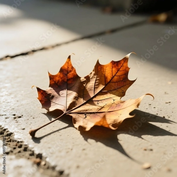 Obraz Single Dry Maple Leaf on Concrete Pavement in Sunlight Autumn Season Fall Concept