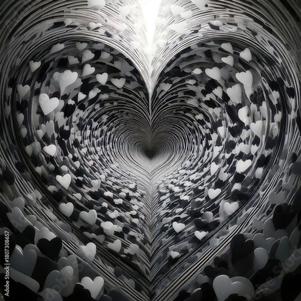 Fototapeta Tunnel of hearts spiraling inward, grayscale