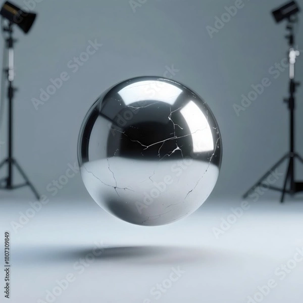 Obraz Damaged Chrome Metal Sphere with Surface Cracks in Studio Lighting 3D Abstract Render