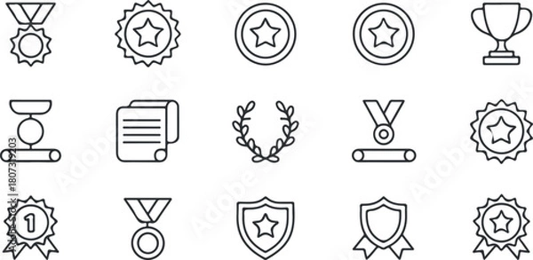 Fototapeta Black line icons present awards, medals, trophy, certificate and shields for any event