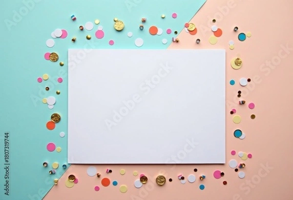 Obraz Flat lay of card with scattered confetti on pastel table