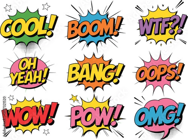 Obraz Colorful comic text stickers, pop art action words, retro cartoon expressions, dynamic speech bubble graphics, fun comic style typography collection