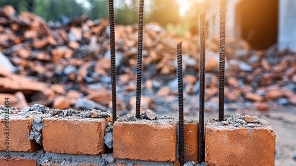 Fototapeta Metal Rebar Protruding From Crumbling Brickwork At Construction Site