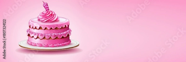 Fototapeta Banner card with pink cake and decorative icing, party props