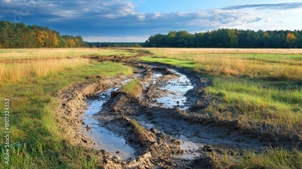 Fototapeta Muddy tracks in a field showing signs of recent vehicle use