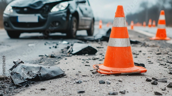 Fototapeta A damaged car is shown on the roadside with orange traffic cones and debris scattered on the asphalt, indicating an accident scene.