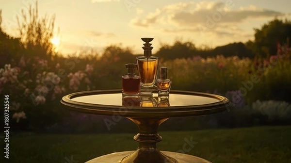 Obraz Perfume bottles displayed on a golden table in outdoor sunset