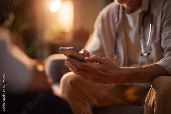 Obraz Doctor using smartphone during work break