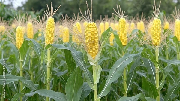 Obraz Bright yellow corn stalks growing in a summer farm field