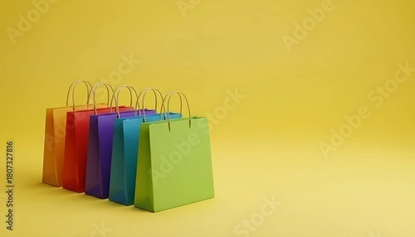 Obraz Colorful 3D Shopping Bags Lined Up on Yellow Background with Copy Space for Retail Sale Promo