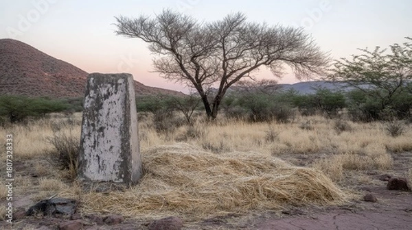 Fototapeta Sun bleached dry grass and straw gathered in a rural outdoor landscape with a tree and distant hills at twilight