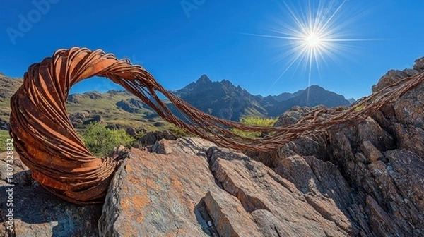 Obraz Tangled rusted strands of barbed wire stretched across a rocky mountain landscape under a bright sunny sky